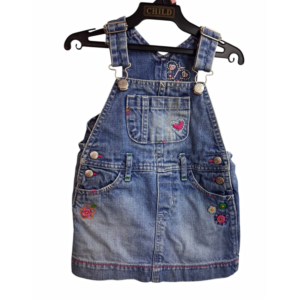 babyGap Girls Blue Denim Overall Dress 18-24M Embroidered Pockets Straps